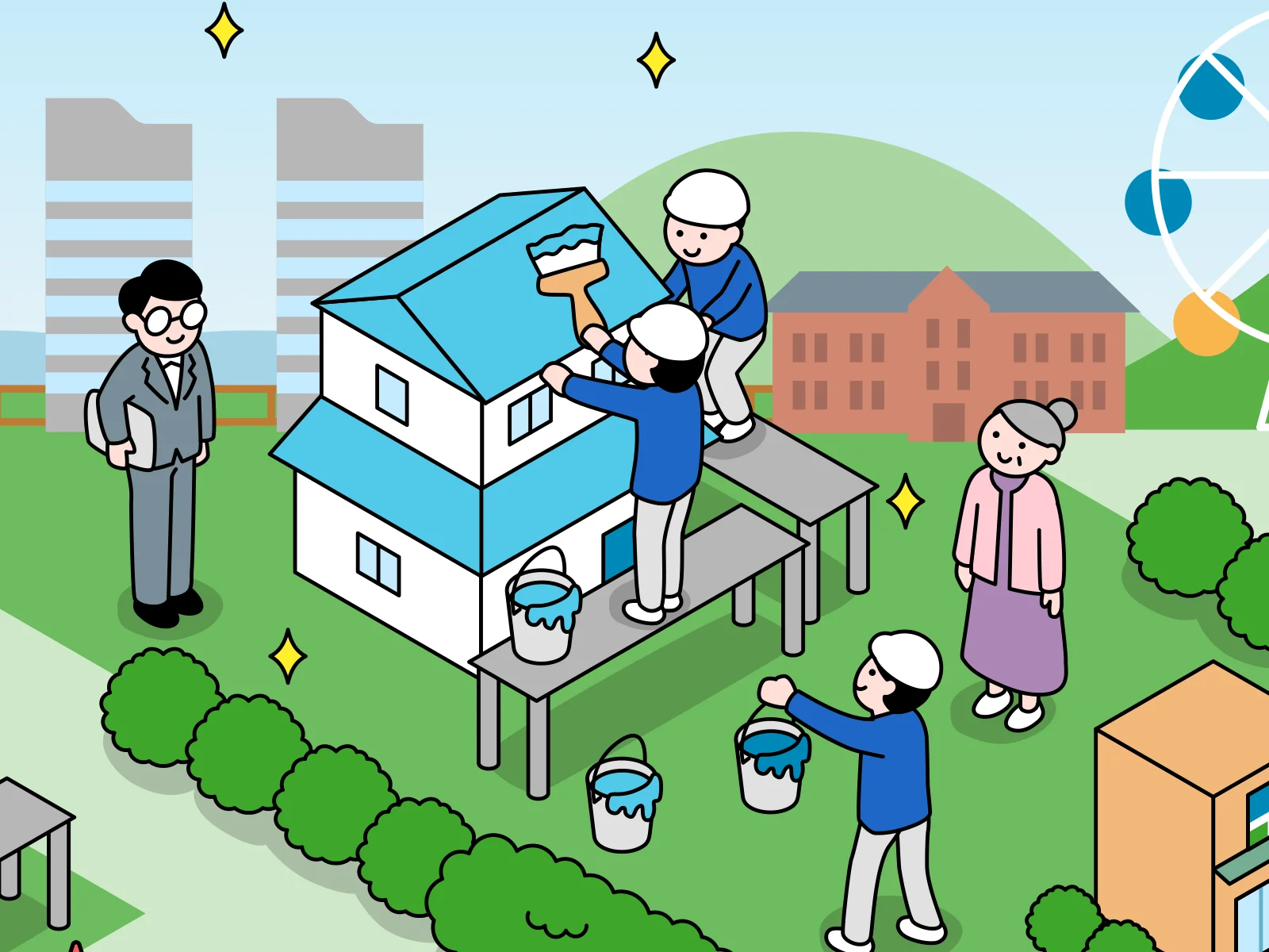 家の屋根と外壁を塗る職人たちのイラスト
