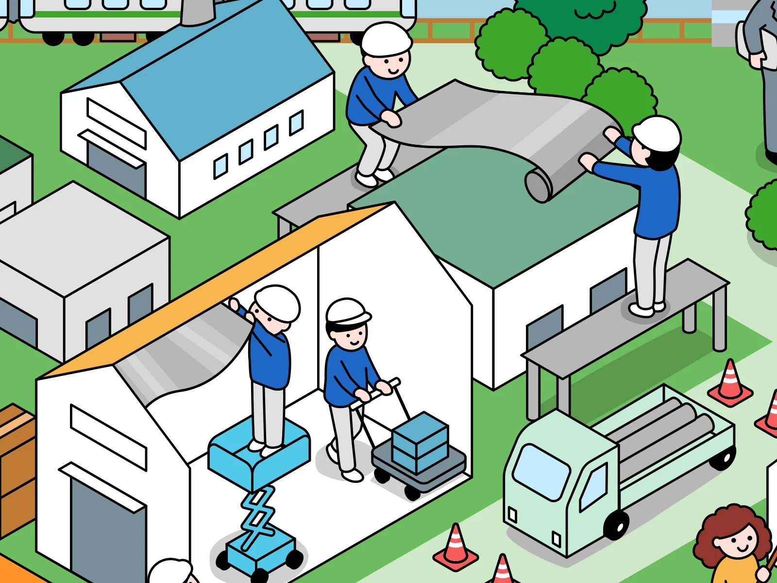 工場の屋根と天井に銀色の遮熱シートを広げる職人たちのイラスト